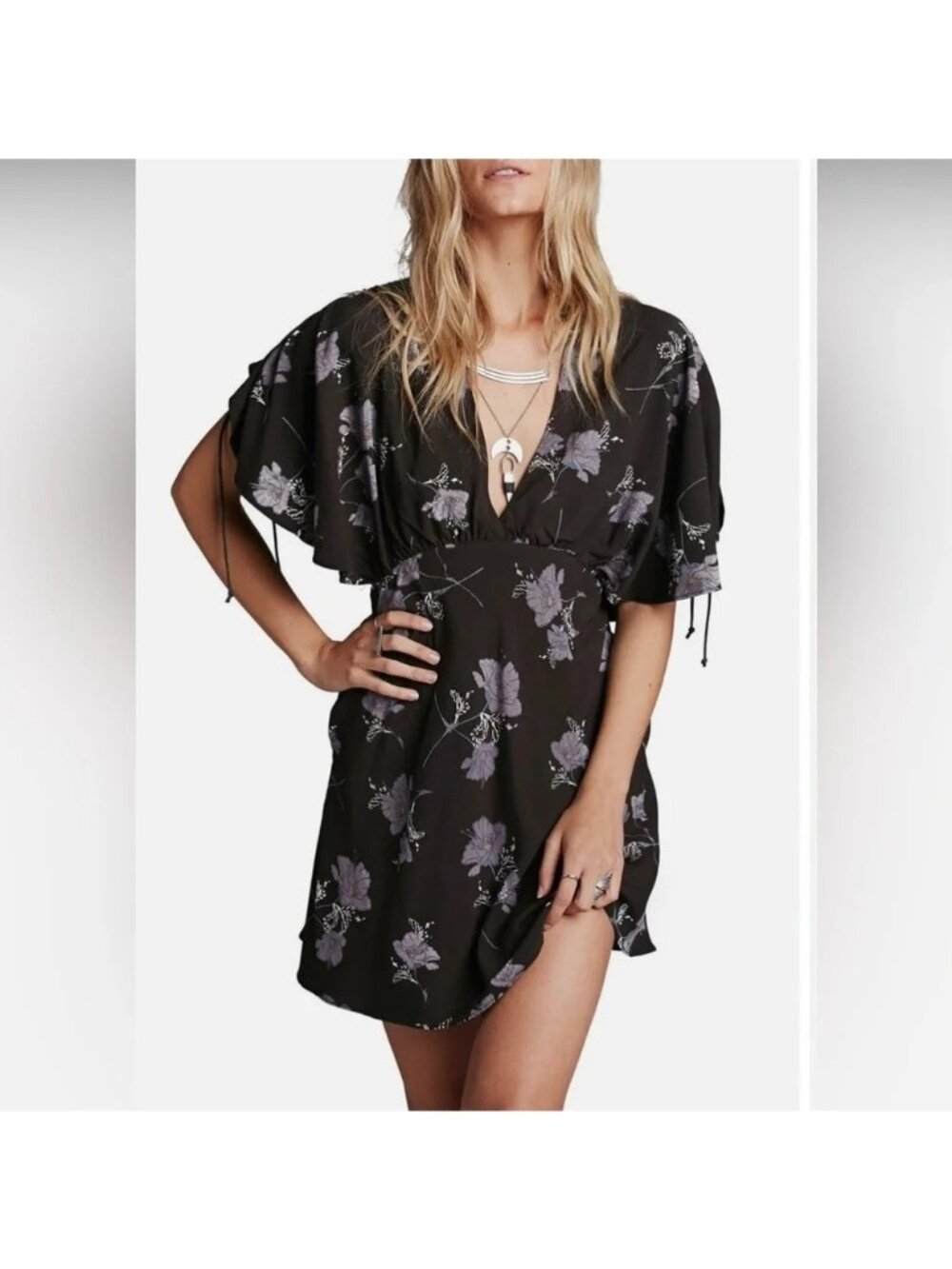 Free People Melanie Floral Black Lilac Mini Dress Fit Flare Boho Vneck Size 4